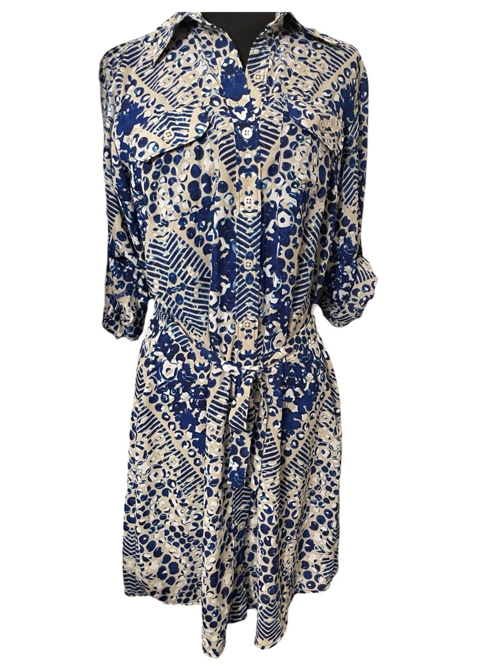 Cabi Blue and White Printed Shirt Dress with Tie Waist Womens Size M